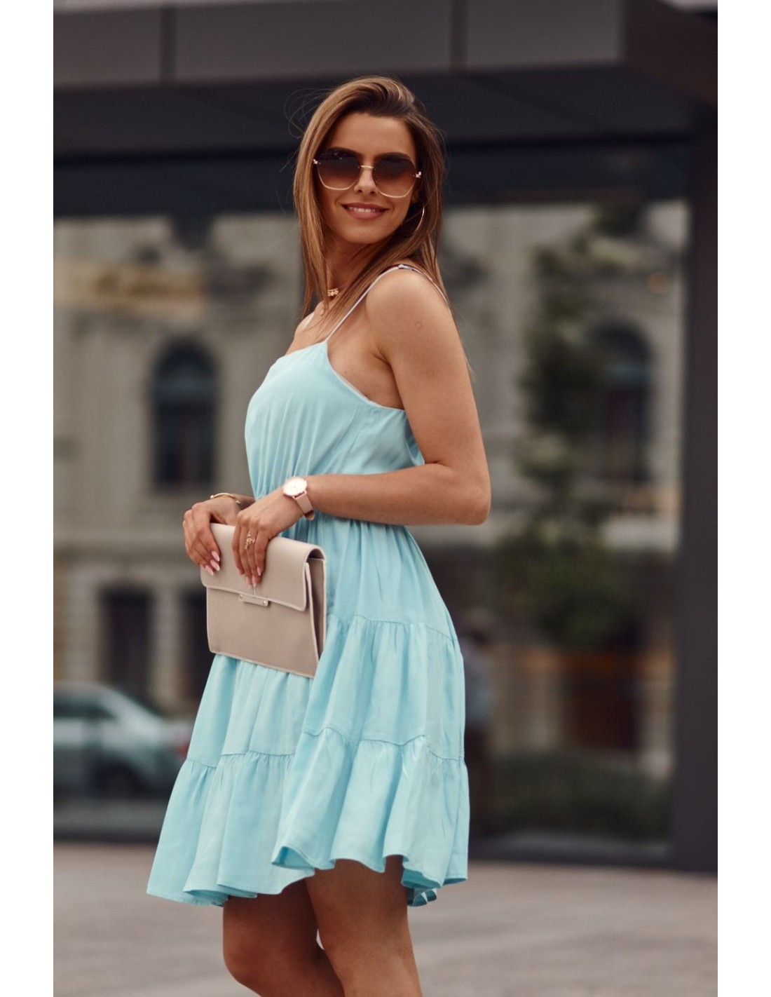 Dress with thin straps and ruffles, blue PR3214 - Online store - Boutique